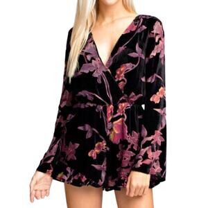 Velvet Burnout Romper Black Pink Floral Bell Sleeve Size M Boho Whimsygoth
